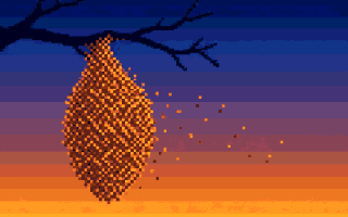 A Deluxe Paint picture: a swarm hanging from a branch at dusk