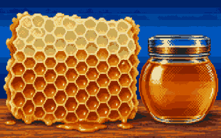 A Deluxe Paint picture: a sealed comb frame and a honey jar